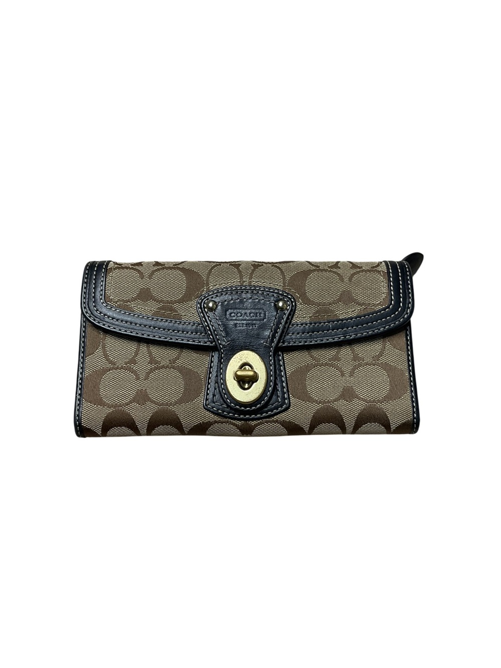 Coach Signature C Turnlock Checkbook Wallet Khaki Black Leather Y2K